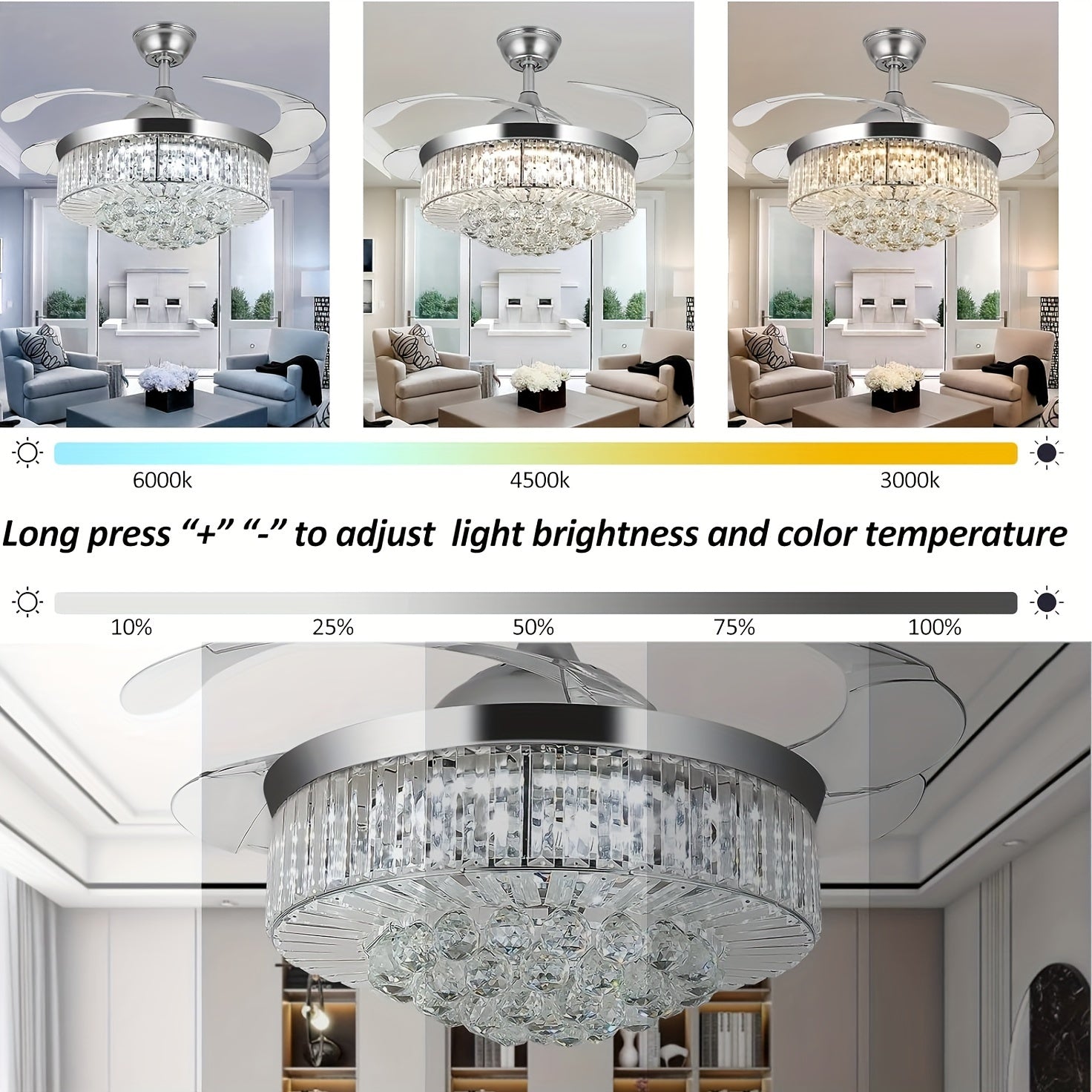 42 Inch Flush Mount Ceiling Fan with Light, Reversible Chandelier Design, for Bedroom and Living Room, 3 Color Options, 6 Speed Settings, Built-in Timer and Chandelier Function