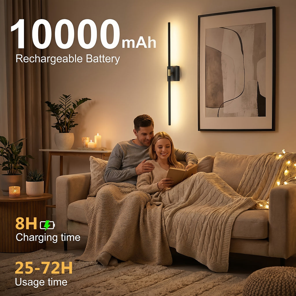 Battery Operated Wall Light Set, 2-Pack, Wireless Rechargeable Wall Light with Remote Control, 350° Rotation, 3000K/4000K/6500K Dimmable Battery Wall Light, Suitable for Living Room, Bedroom, 28.3 Inches