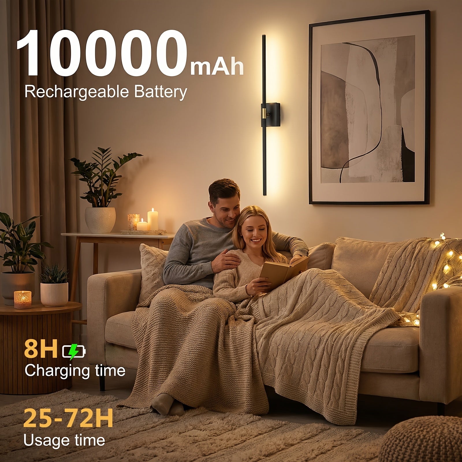 Battery Operated Wall Light Set, 2-Pack, Wireless Rechargeable Wall Light with Remote Control, 350° Rotation, 3000K/4000K/6500K Dimmable Battery Wall Light, Suitable for Living Room, Bedroom, 28.3 Inches