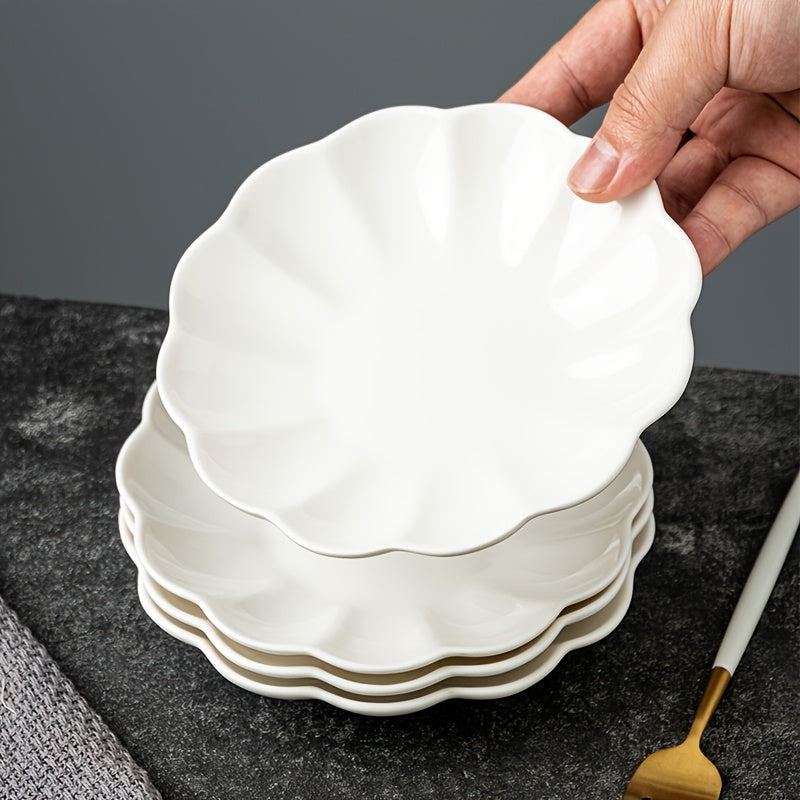 Set of 4, Ceramic Orchid-Shaped Design 6-Inch Plates in White / Pink / Off-White / Light Blue, Perfect for Soy Sauce, Vinegar, Hot Pot Dip, etc. – Exquisite Small Seasoning Dish, Heat-Resistant