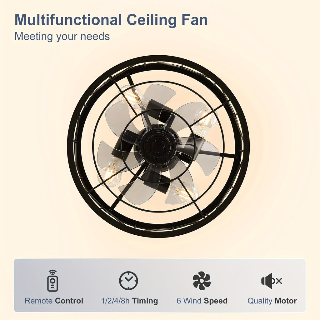 Caged Ceiling Fan with Light, 16.5In Farmhouse Enclosed Ceiling Fan, Remote Control, 6Speed, Black Industrial Ceiling Fan Light, Rural Farmhouse Ceiling Fan Light, for Indoor Bedroom Kitchen Dining Room