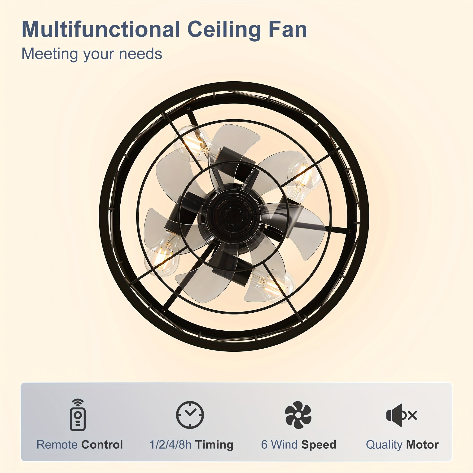 Caged Ceiling Fan with Light, 16.5In Farmhouse Enclosed Ceiling Fan, Remote Control, 6Speed, Black Industrial Ceiling Fan Light, Rural Farmhouse Ceiling Fan Light, for Indoor Bedroom Kitchen Dining Room