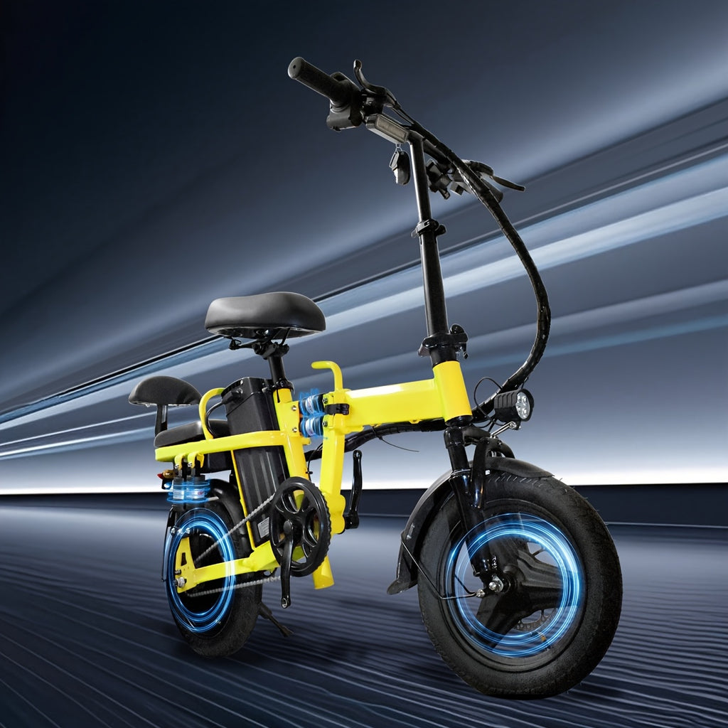 750W重型折叠电动自行车 - 带前篮、后架及快速折叠机制 - 20-28英里/小时速度，全天续航 - 轻量合金钢框架 - 兼容美式插座 - 适合城市通勤、山地骑行、休闲出行 - 黄色电动自行车