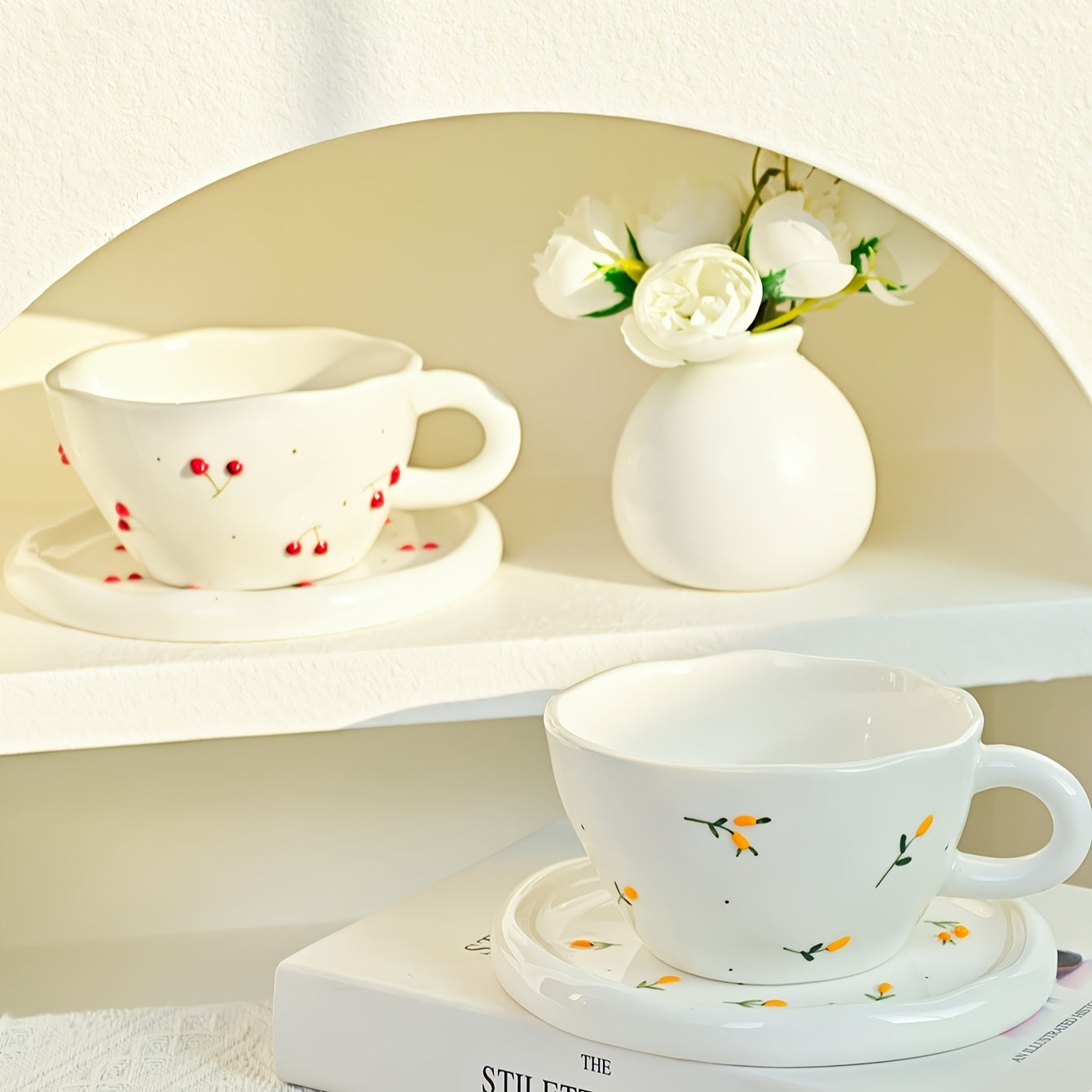 1 Set Creative Simple Hand-Pinched Hand-Painted 3D Relief Cherry Blueberry Lemon Ceramic Coffee Cup & Saucer for Home Use