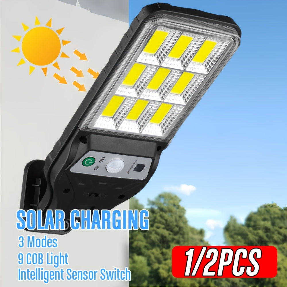 1/2 Pack COB Solar Exterior Wall Light, Smart Motion Sensor Switch, 3 Lighting Modes, Solar Charging Outdoor Street Light, Perfect for Outdoor Garden Lighting, Garden, Patio, Street Light, Porch Light, Home Lighting