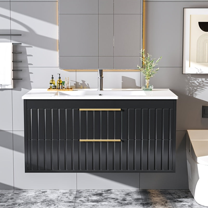 Bathroom Vanity with Sink - Wall Mount Floating Basin Cabinet, Soft-Close 2 Large Drawers, Modern Textured Stripe Design, Hidden Damping Drawers