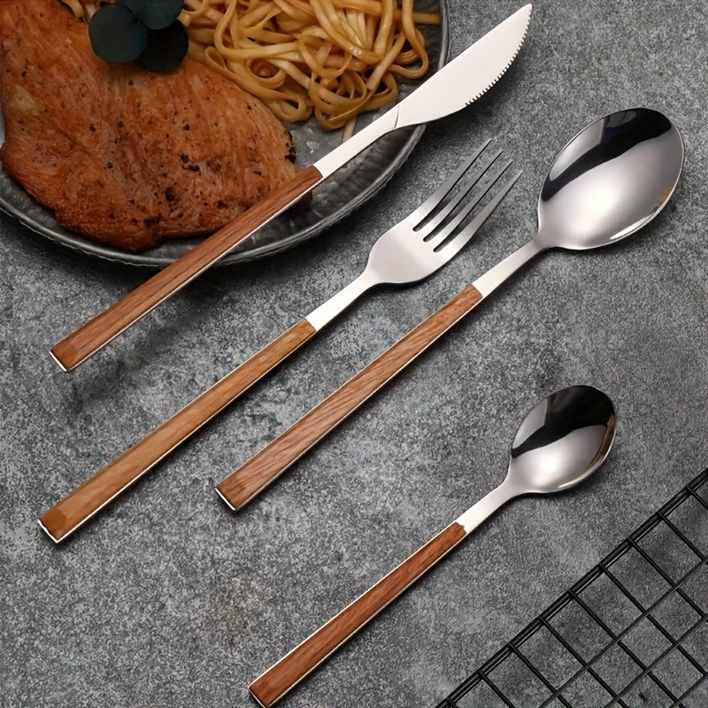12-Piece Stainless Steel Cutlery Set with Faux Wood Handles – Includes Knives, Forks, Spoons & Coffee Spoons – Dishwasher Safe – Perfect for Home, Catering, Hotel Parties, Weddings