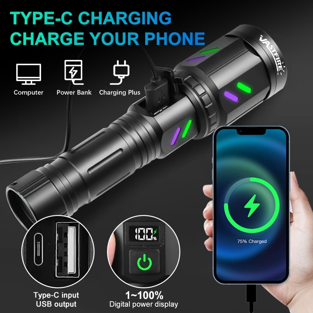 30W Ignition Zoom Flashlight With Ignition Lens Type-C Rechargeable Digital Power Display 5 Modes Aluminum Alloy Material Built-in Power Bank Function Portable Tactical Flashlight for Outdoor Emergency Camping Travel Patrol