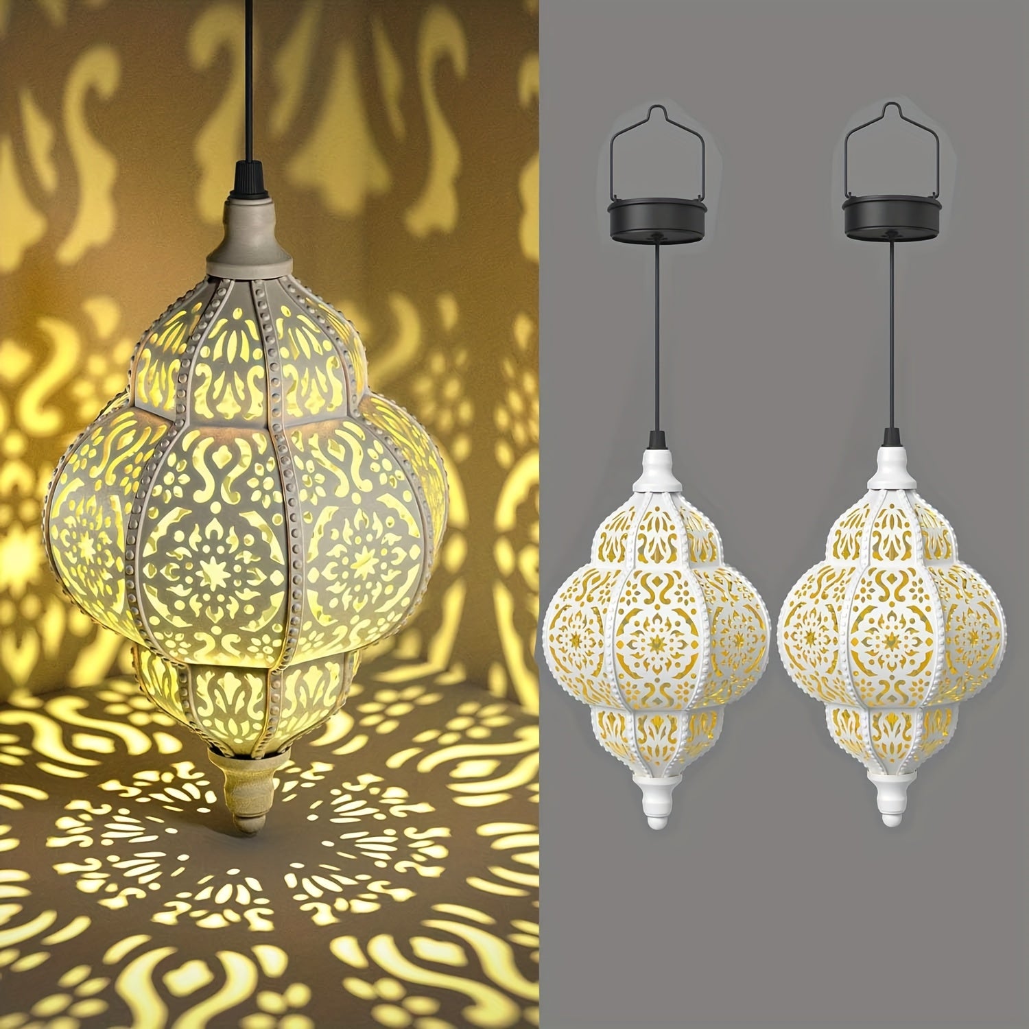Two-Piece Solar Lantern, Colorful Large Round Moroccan Style Outdoor Hanging Light, Hollow Design, Waterproof, Suitable for Garden, Courtyard, Path, Halloween and Christmas Decoration