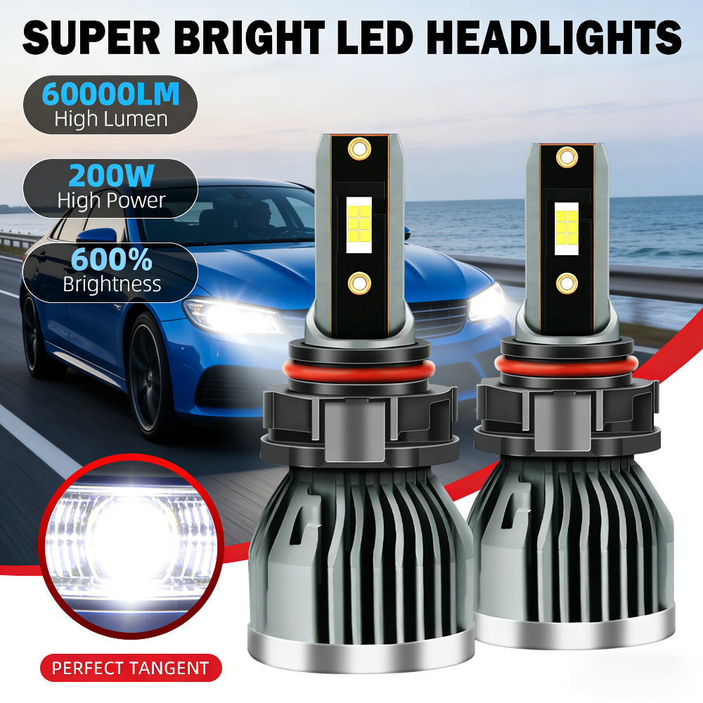 -Pack LED Headlights 60000 Lumens High Brightness 200W High Power 600% Brightness Increase 6000K White Light Output Equipped with High-Efficiency Turbo Fan Cooling Design Fits Most Car Models Plug-and-Play