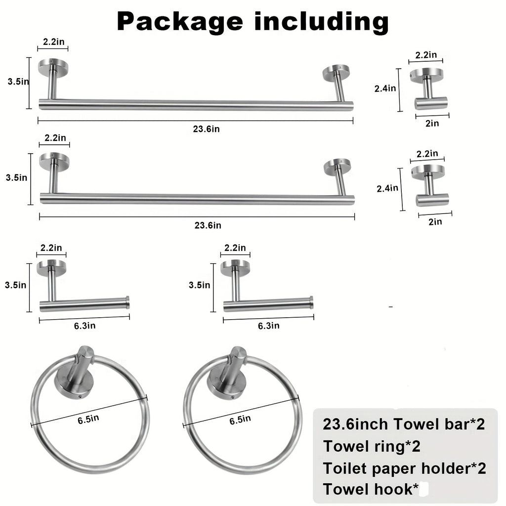 8-Piece 23.6" Bathroom Towel Rack Set - Includes 2 Towel Bars, 2 Towel Hooks, 2 Towel Rings, 2 Tissue Holders - Brushed Silver Bathroom Accessory Set
