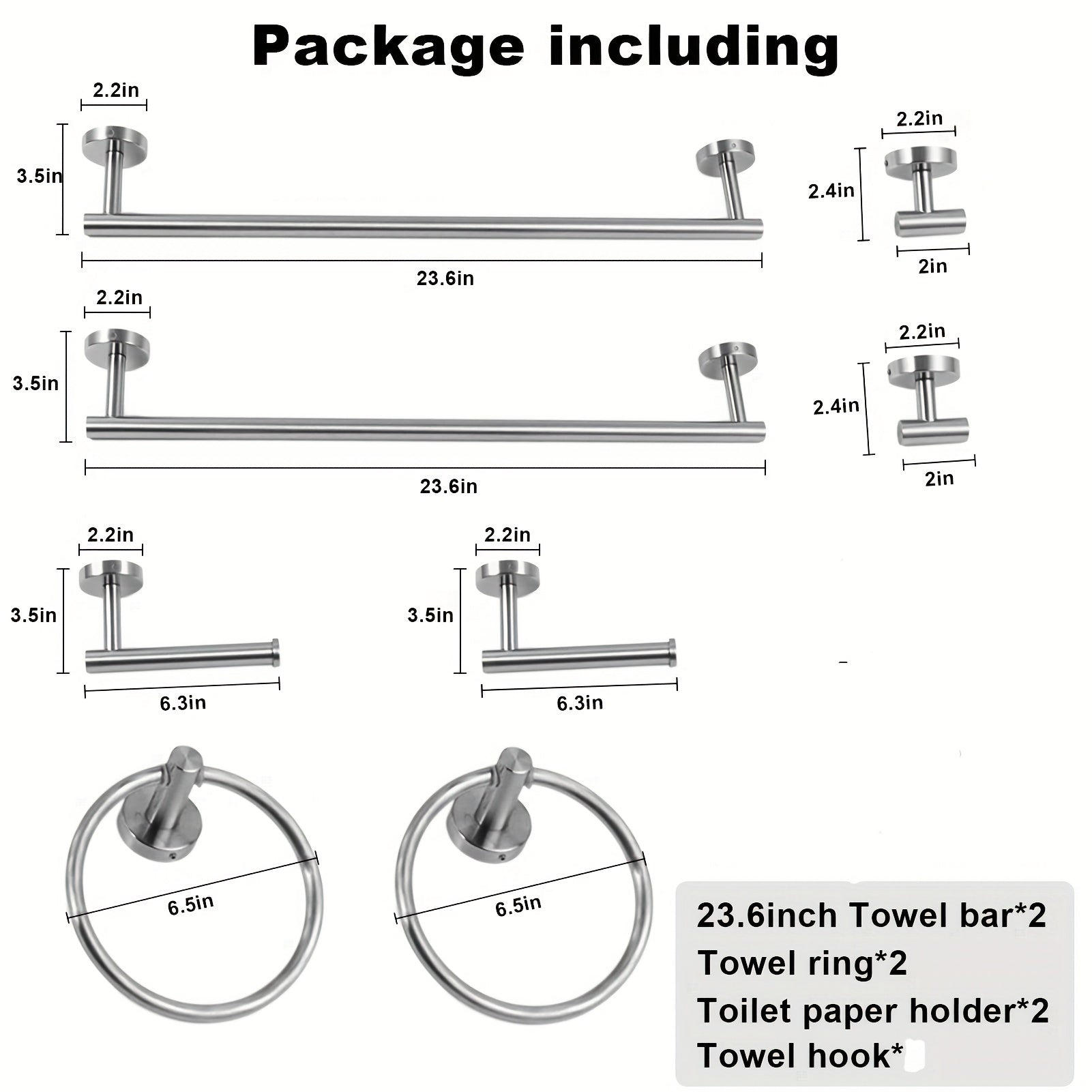 8-Piece 23.6" Bathroom Towel Rack Set - Includes 2 Towel Bars, 2 Towel Hooks, 2 Towel Rings, 2 Tissue Holders - Brushed Silver Bathroom Accessory Set