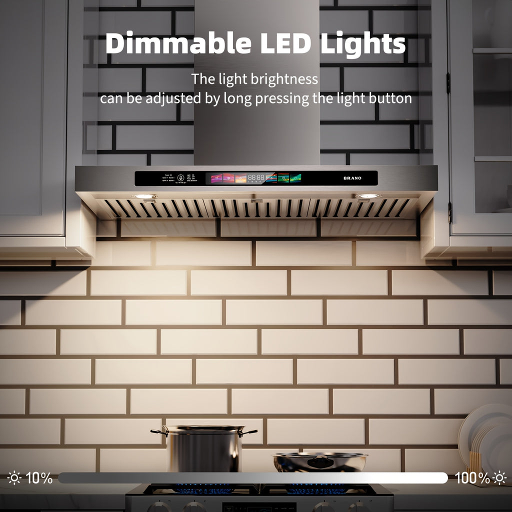 BRANO 30-Inch Built-In Range Hood with Voice/Gesture/Touch Control, 900 CFM High-Performance Exhaust Fan, Stainless Steel Kitchen Ventilation Grille with LED Light, 4-Speed Silent Operation, 3-in-1 Ventilation System