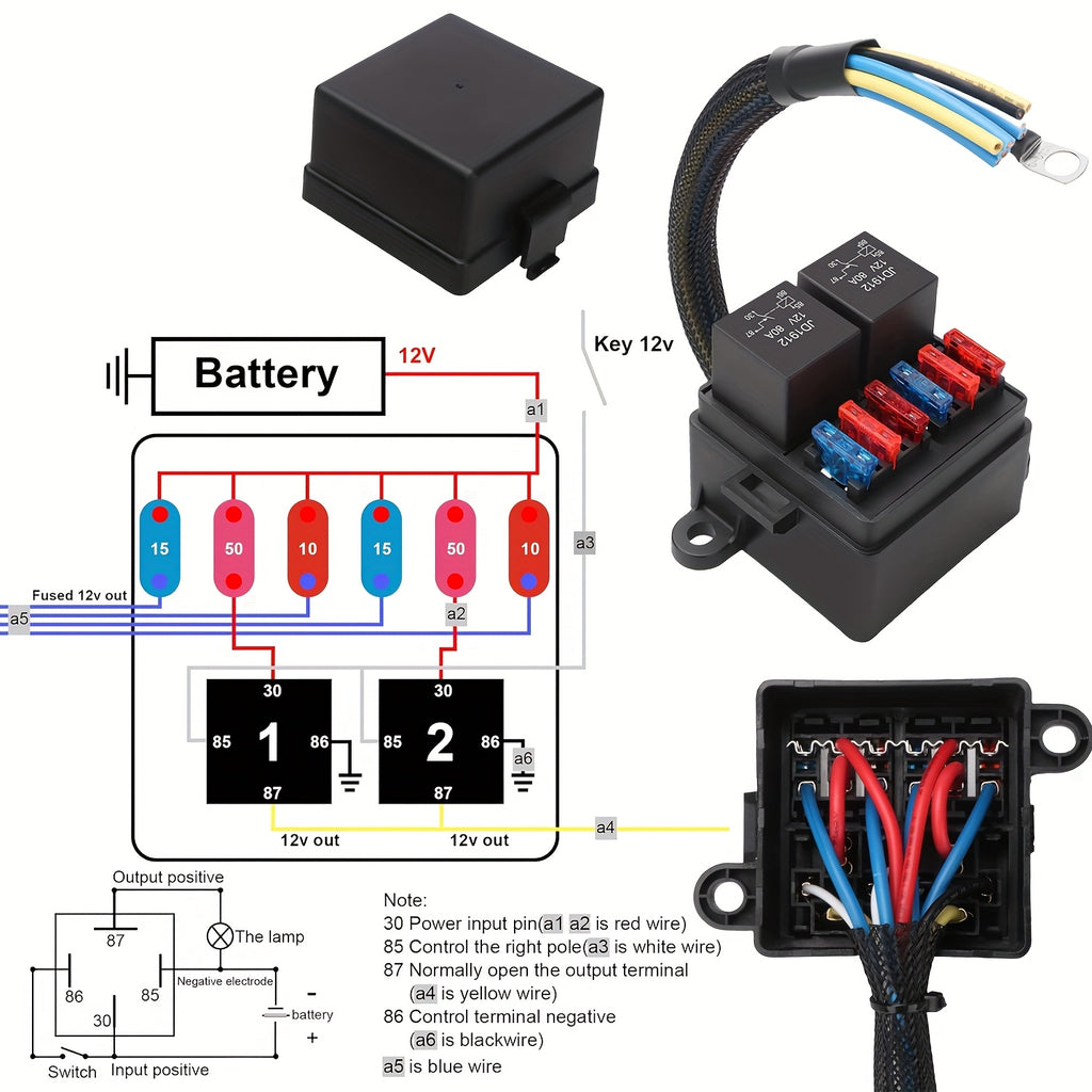 Pre-Wired Fuse Relay Box, 2/3/4/6 Way 4-Pin 40A Relay Block Kit, Suitable for Car Truck Boat JEEP