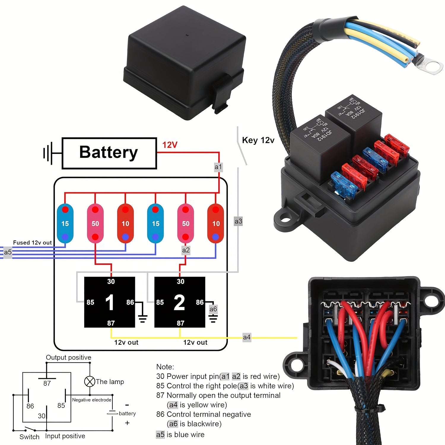 Pre-Wired Fuse Relay Box, 2/3/4/6 Way 4-Pin 40A Relay Block Kit, Suitable for Car Truck Boat JEEP