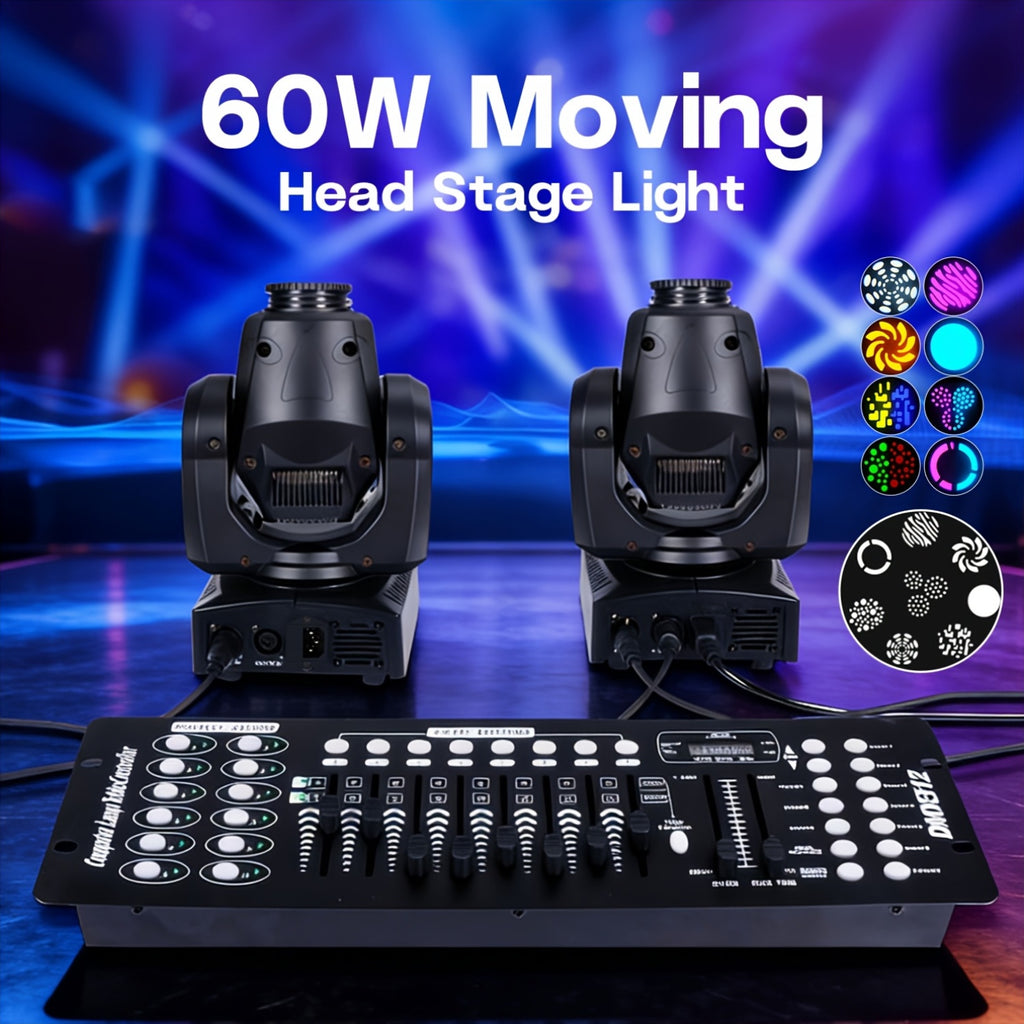 60W stage lighting moving head light, suitable for DMX512 interface, 8 gobos, 8 colors, sound control, 11 channels, 270° tilt, 540° pan, compact DJ light, suitable for weddings, disco, parties, club stage performances