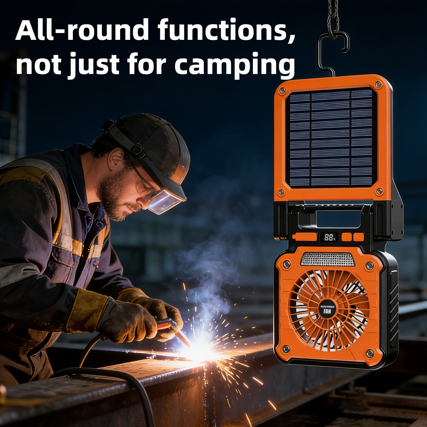1PC Single Motor Camping Fan, Solar LED Camping Fan, 180° Rotatable Adjustable Angle Fan, Portable Outdoor Fan with Hook, Support Input and Output Charging Function, Suitable for Tents
