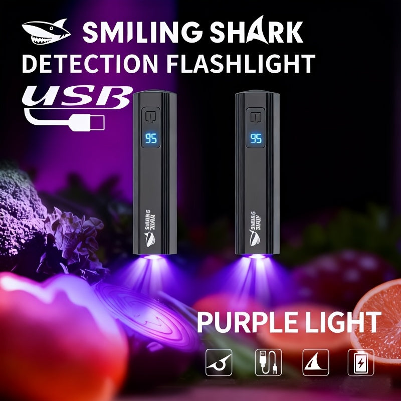 2PC SMILING SHARK LED Inspection Flashlight, Rechargeable Purple Light, 395nm UV Light, Ultra-Bright Handheld Lamp, 30s/60s Dual Mode, Type-C Fast Charging, Portable Flashlight for Night Use SD5316