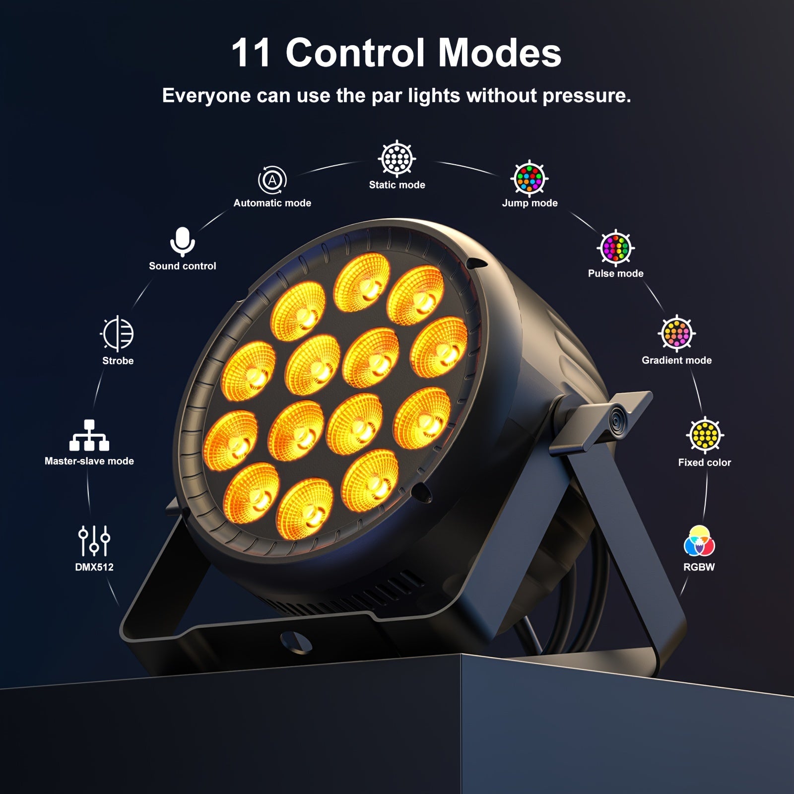 180W 14LED RGBW PAR light, controllable via DMX512 (4/8 channels), with auto sound activation, suitable for DJ events, parties, concerts, churches, weddings, theaters, as well as Christmas and Halloween holidays