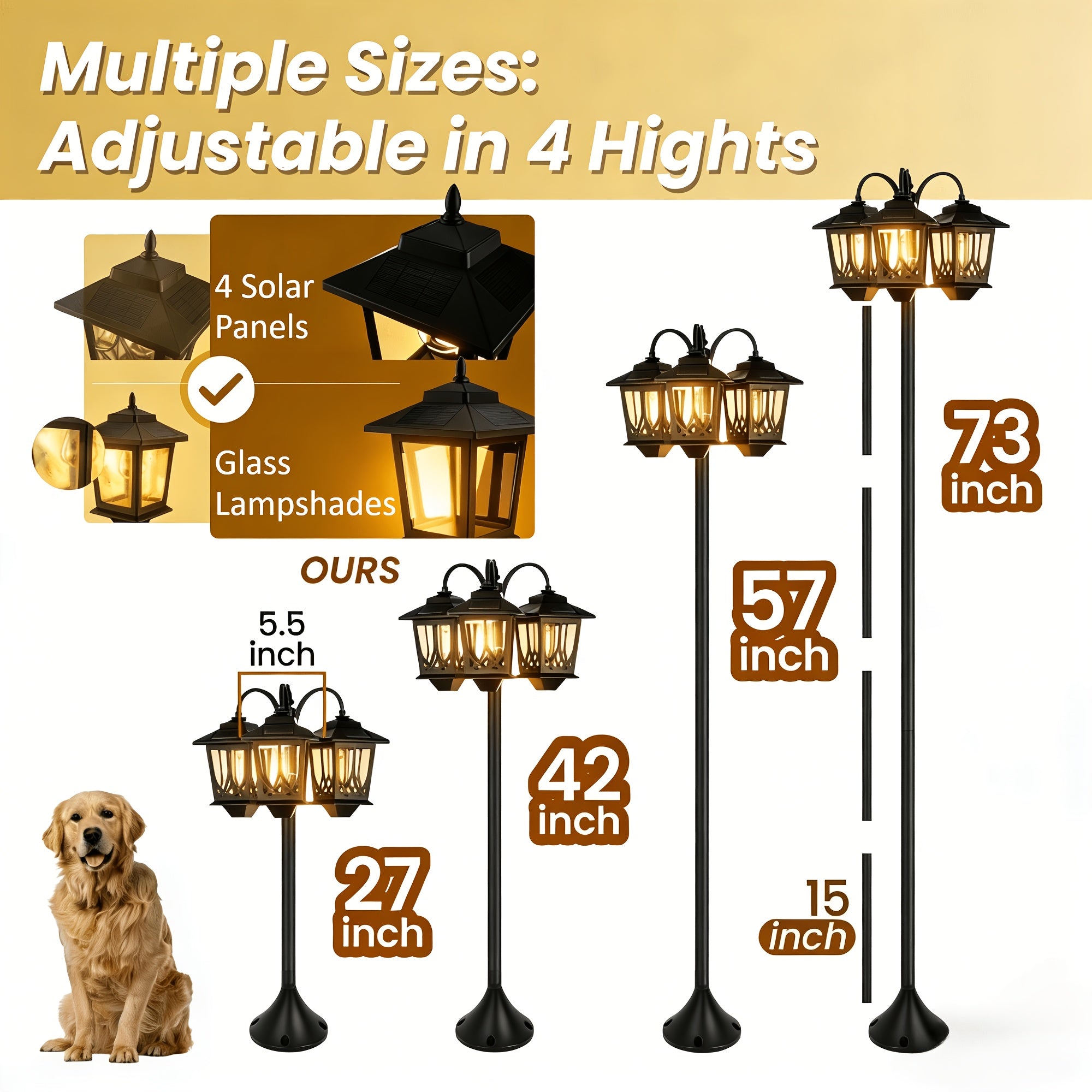3-Head Solar Outdoor Lamp Post | 73 Inch Light Post, Dusk-to-Dawn Auto On/Off, Metal Material, Semi-Flush Mount Installation, Suitable for Garden Courtyard Home, Mardi Gras, Easter Decoration