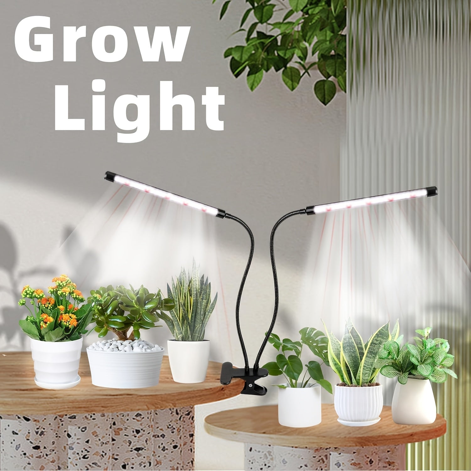 White & Red Clip Plant Light, 2-Head USB Powered Grow Lamp, 3/9/12H Timer, Adjustable Color Temperature & Brightness, LED Plant Growth Lighting for Indoor Potted Plants, Flowers & Home Decoration