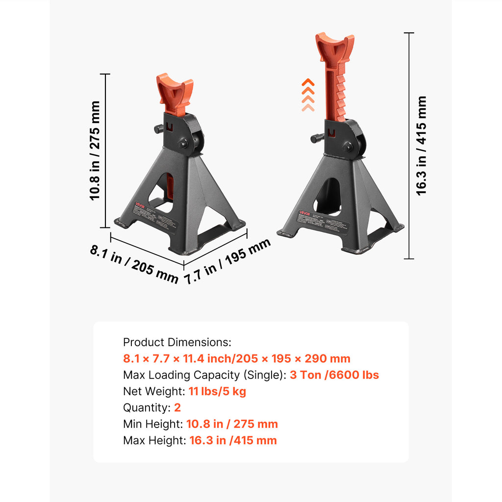 VEVOR Pneumatic Jack, 3 Ton (6,600 lbs) Capacity, 10.8-16.3 Inch Adjustable Height, Heavy Duty Steel Car Jack Stand with Locking Function for Lifting SUV, Pickup, Car & UTV/ATV, 1 Pair, Black & Orange