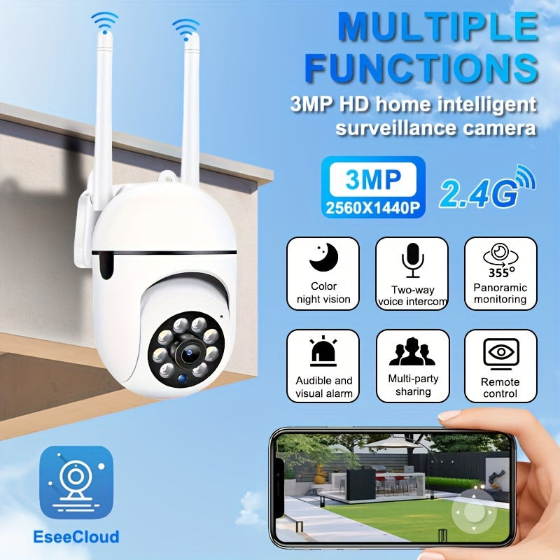 2.4GWi-Fi 智能家居安全摄像机 -355°平移-倾斜-变焦、彩色夜视、双向音频、宠物移动跟踪、室内使用、无线、移动侦测、实时应用程序查看、双向通信 - 安装简便、全天候、可壁挂式安装
