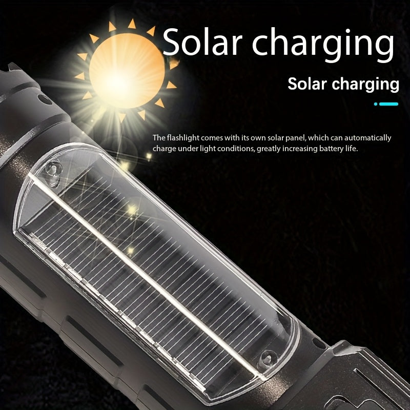 Solar Charging LED Flashlight High Lumen 2400mAh Battery COB Side Fill Light 9 Lighting Modes Zoomable & Beam Adjustable Non-Slip Grip Handheld Flashlight for Camping Mountaineering Home Daily Lighting