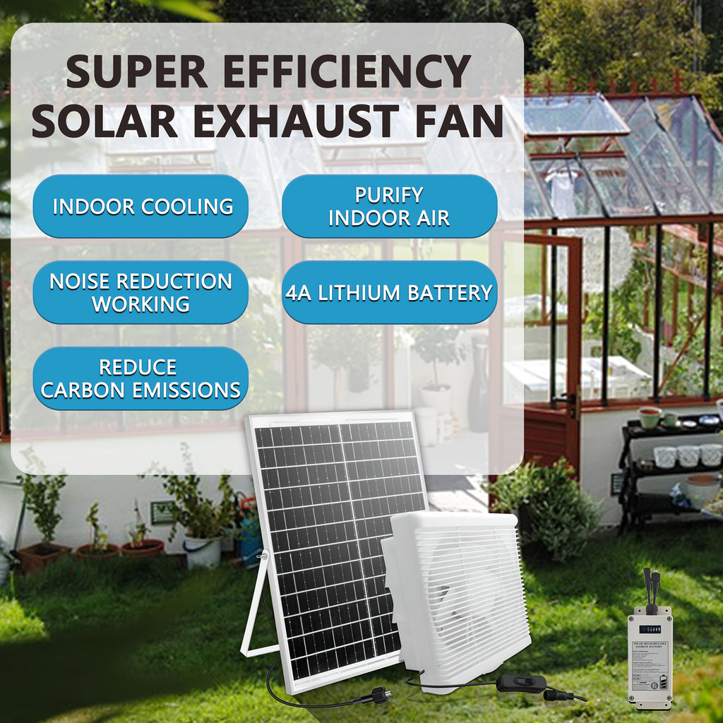 25W Solar Panel Ventilation Fan Set with 4000mAh Battery - 8 Inch High Speed Fan, Designed for Indoor Use, Equipped with Protective Grill and Louvers, Ideal for Ventilation in Greenhouse, Kitchen, Workshop, Shed, Attic and Pet House