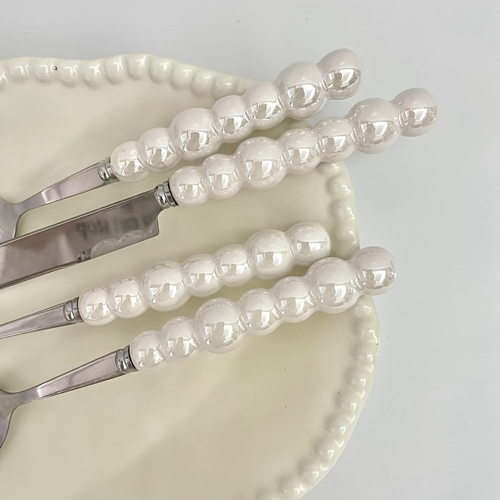 8/12/16Pcs Ceramic Handle Cutlery Set, Stainless Steel Knife Fork Spoon Set, Novel Creative Pearl-Shaped Handle Fork, Soup Spoon, Rice Spoon, Perfect for Restaurant & Home Dining, Kitchen Supplies, Kitchen Accessories, Kitchen Utensil Set