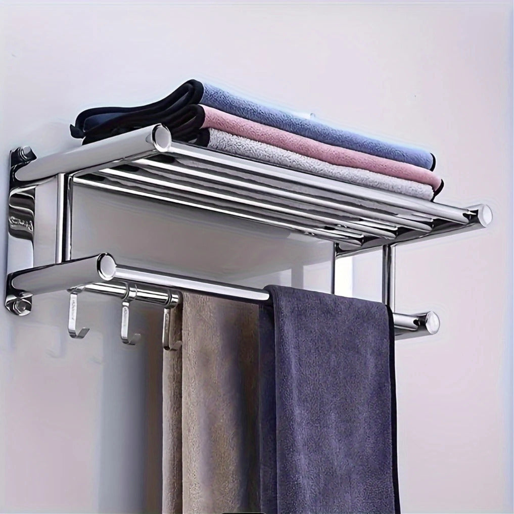 1pc Wall Mount Bathroom Double Layer Shelf - 19.69" Long, Easy Install with 5 Hooks, Polished Mirror Finish, Wide Spacing for Ventilation & Drying, for Home Bathroom, Hotel Toilet