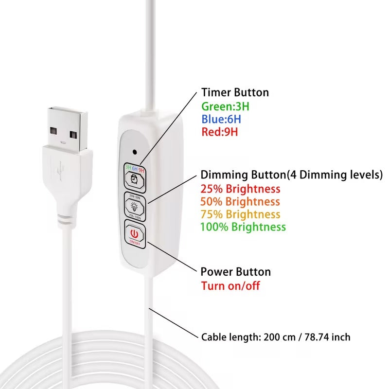 LED Plant Grow Light, Built-in 3/9/12 Hours Auto Timer and Dimmable Function, Height Adjustable. Perfect for indoor plants, herbs, vegetables and flowers in kitchen and home environments. USB Powered Adjustable Desk Lamp