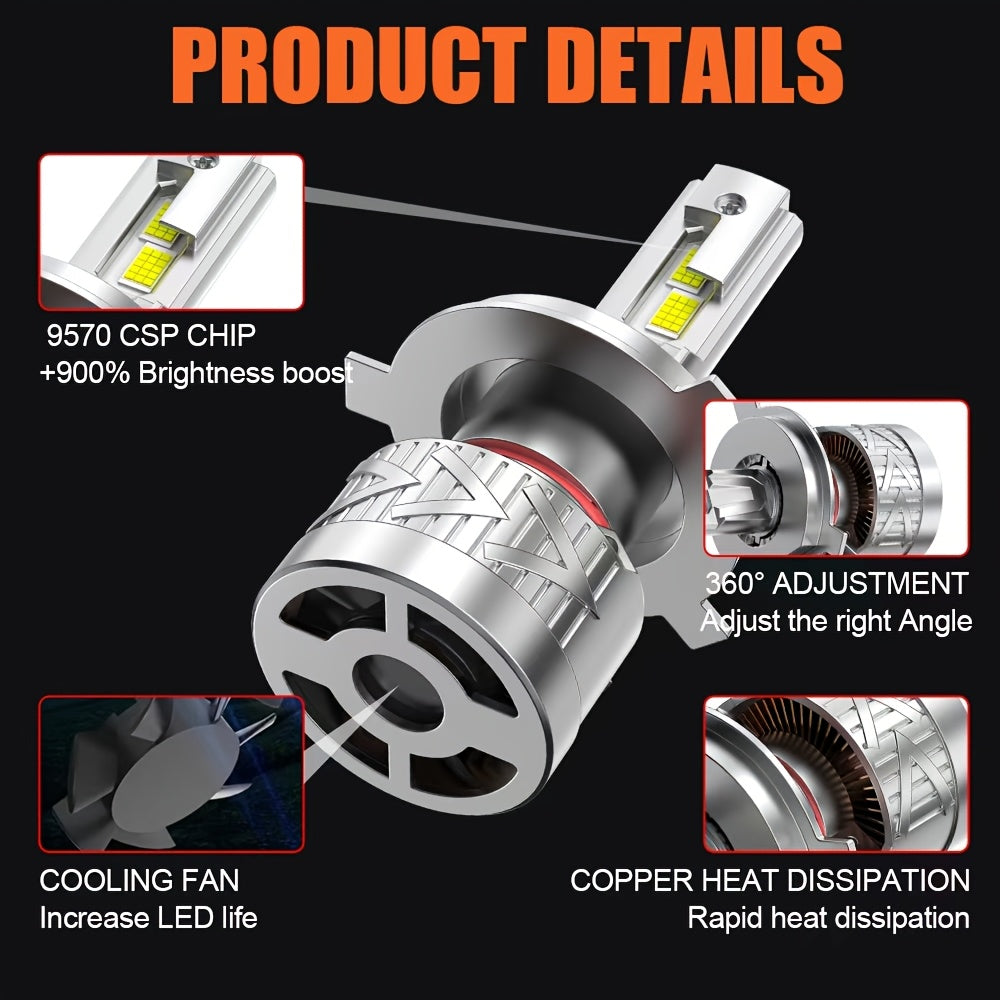 2-Pack H4 LED Headlight Bulbs, Compatible with H1, H4, H7, H11, 9005/HB3, 9006/HB4-O124 Sockets, High Power Design, CAN Bus Error-Free, High/Low Beam Dual Mode, 60,000 Lumens Brightness, 900% High Brightness