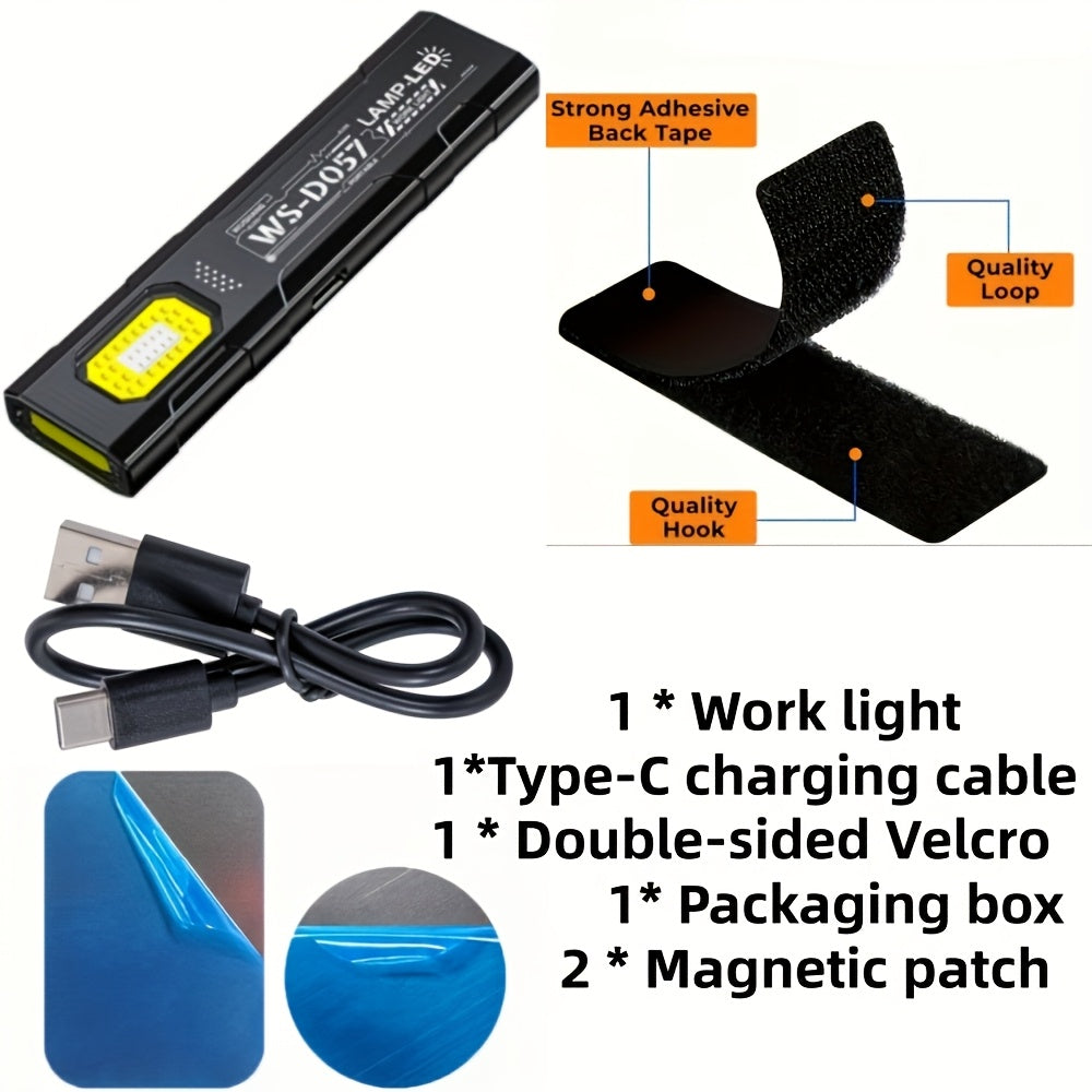 Mini LED Flashlight - USB Rechargeable, Magnetic Base, 5-Level Dimming, with Side Light & Clip, Includes Velcro & Cable, Ideal for Emergencies, Fishing, Maintenance & Emergency Light, Stylish Design, Durable Construction