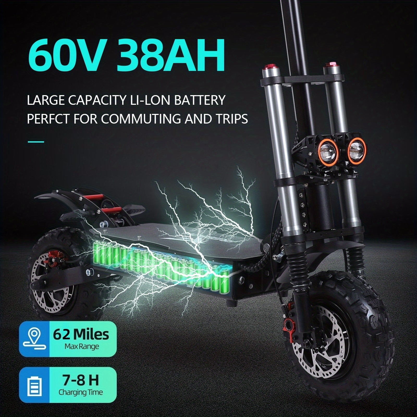 JUB 成人电动滑板车：60V 38Ah 电池，续航里程 62 英里，最大载重 440 磅，双电机系统 750W*8，XOD 制动系统，11 英寸越野轮胎，30° 爬坡能力，一键折叠带座椅 - 肩包。爱好者的理想选择