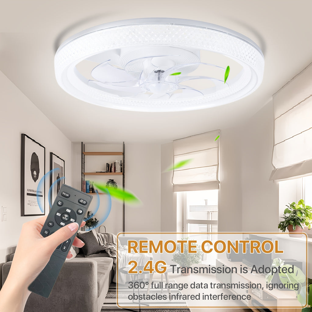 Remote Control Ceiling Fan with Light, 20 Inch Flush Mount Bladeless Ceiling Fan, 3000K-6500K Stepless Dimmable LED Light, 6 Wind Speed Levels, Modern Style Fan Light, for Bedroom, Kitchen, Living Room