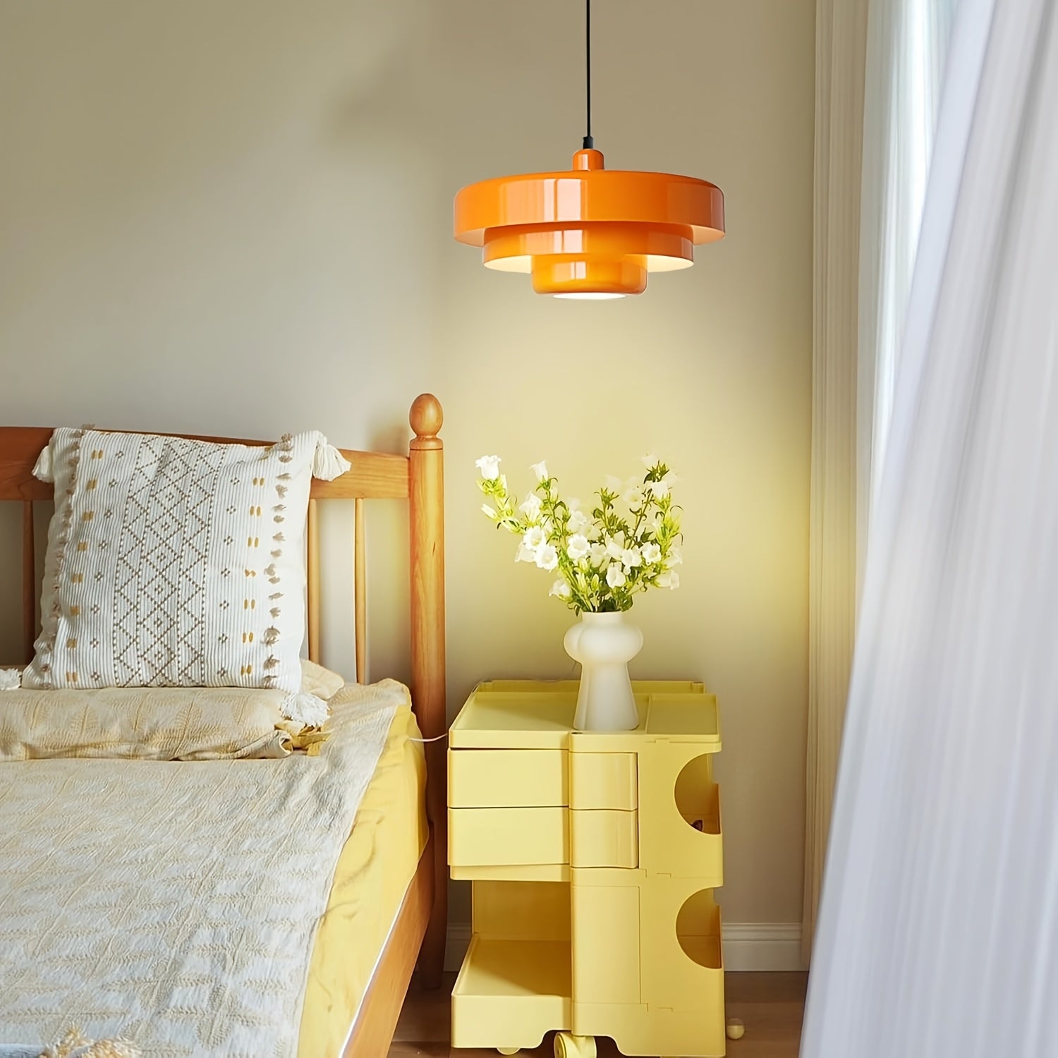 Large Retro Mid-Century Modern Pendant Light - Semi-Flush Mount Pendant Light, Suitable for Dining Room, Living Room, Bedroom, with Metal Bowl Shade, Dimmable Function, E26 Socket (Socket Sold Separately)