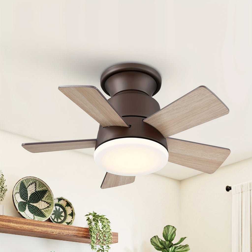 24 Inch Integrated LED Flush Mount Ceiling Fan, Indoor Natural Brass Gold/Brushed Nickel/Bronze Ceiling Fan with Light and Remote Control