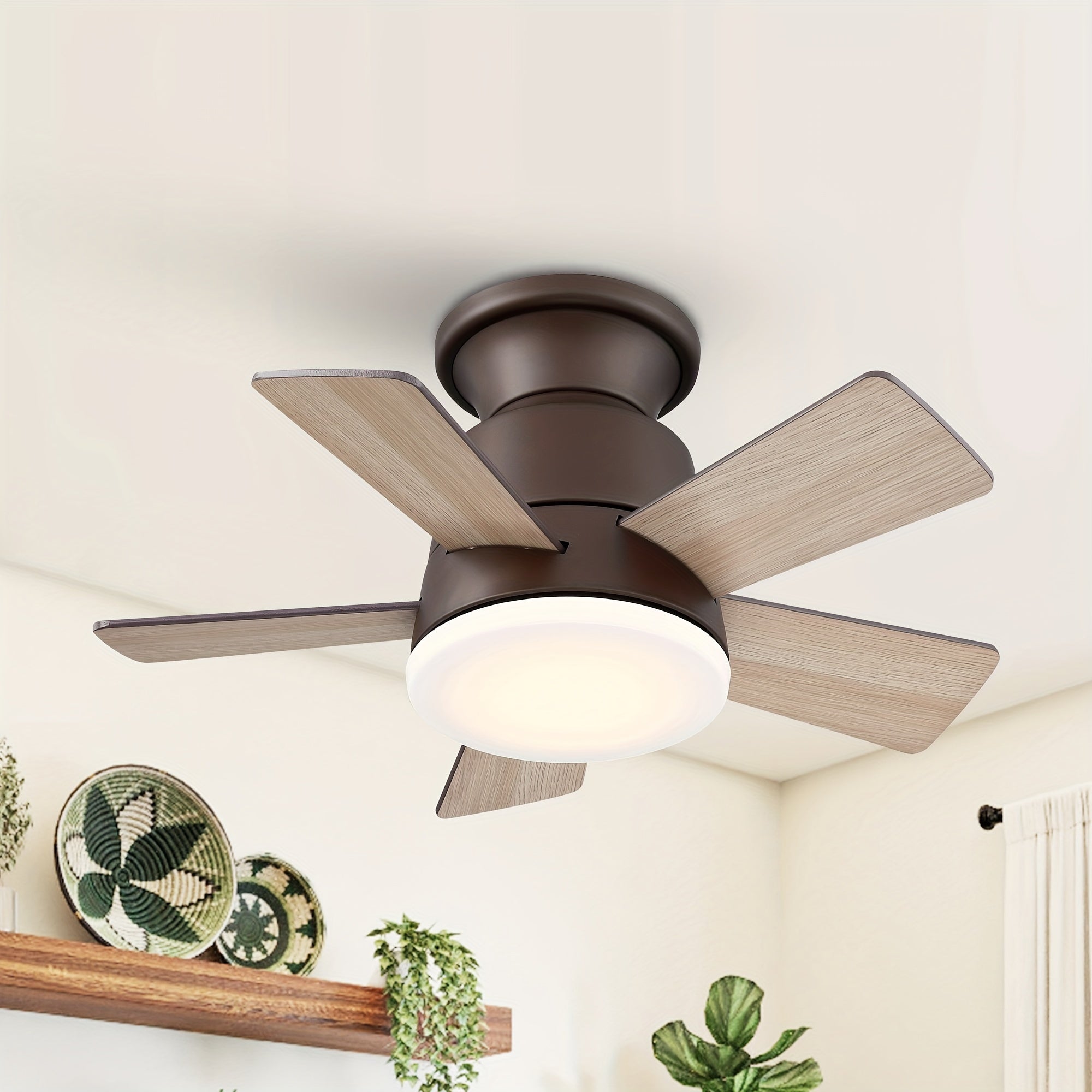 24 Inch Integrated LED Flush Mount Ceiling Fan, Indoor Natural Brass Gold/Brushed Nickel/Bronze Ceiling Fan with Light and Remote Control
