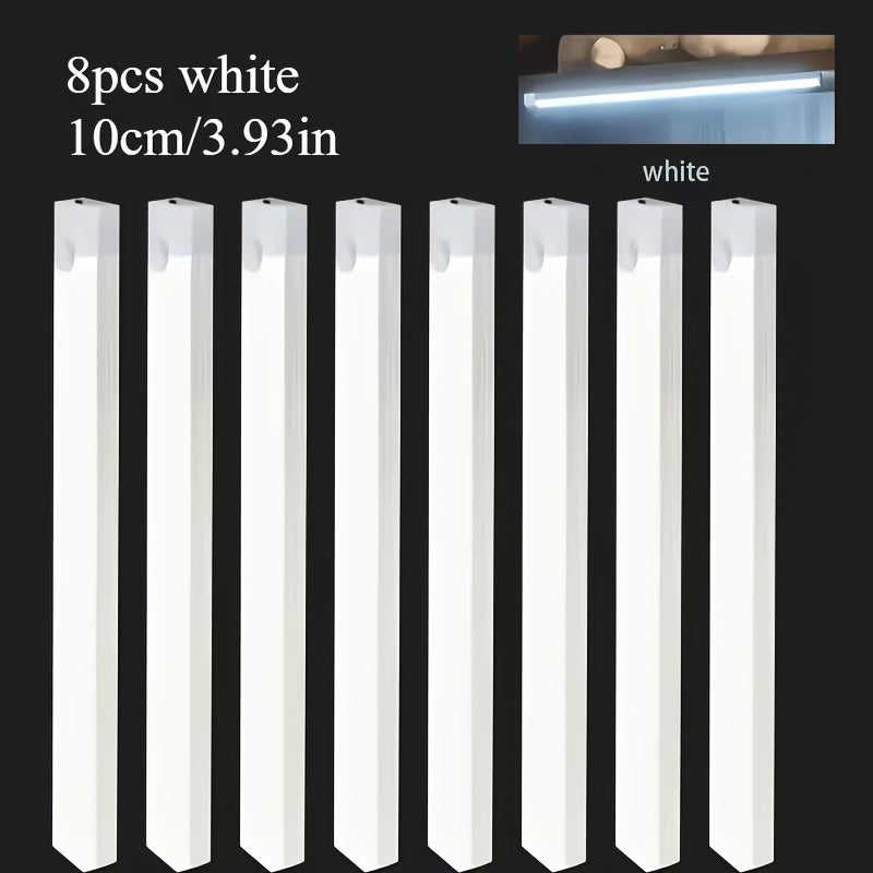 8-pack smart motion sensor LED light, household lighting tube, USB rechargeable + magnetic installation, suitable for cabinets, wardrobes, bookshelves, sinks, DIY night light. Bookshelf lighting, cabinet lighting, minimalist design