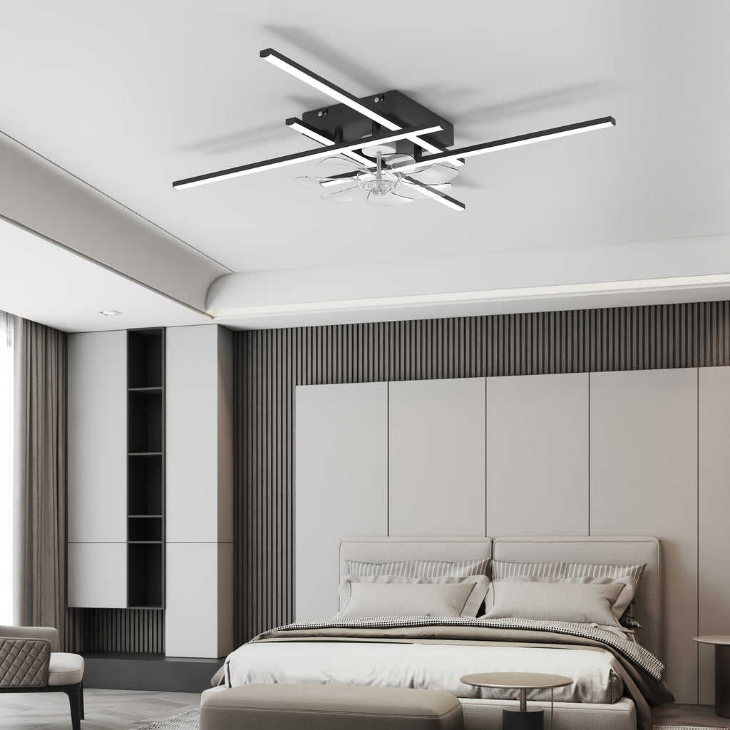 Modern LED Ceiling Fan with Light and Remote Control, Black Sputnik Semi-Flush Mount Ceiling Fan, Modern Chandelier Lighting Fixture for Bedroom Living Room Dining Room Kitchen Office