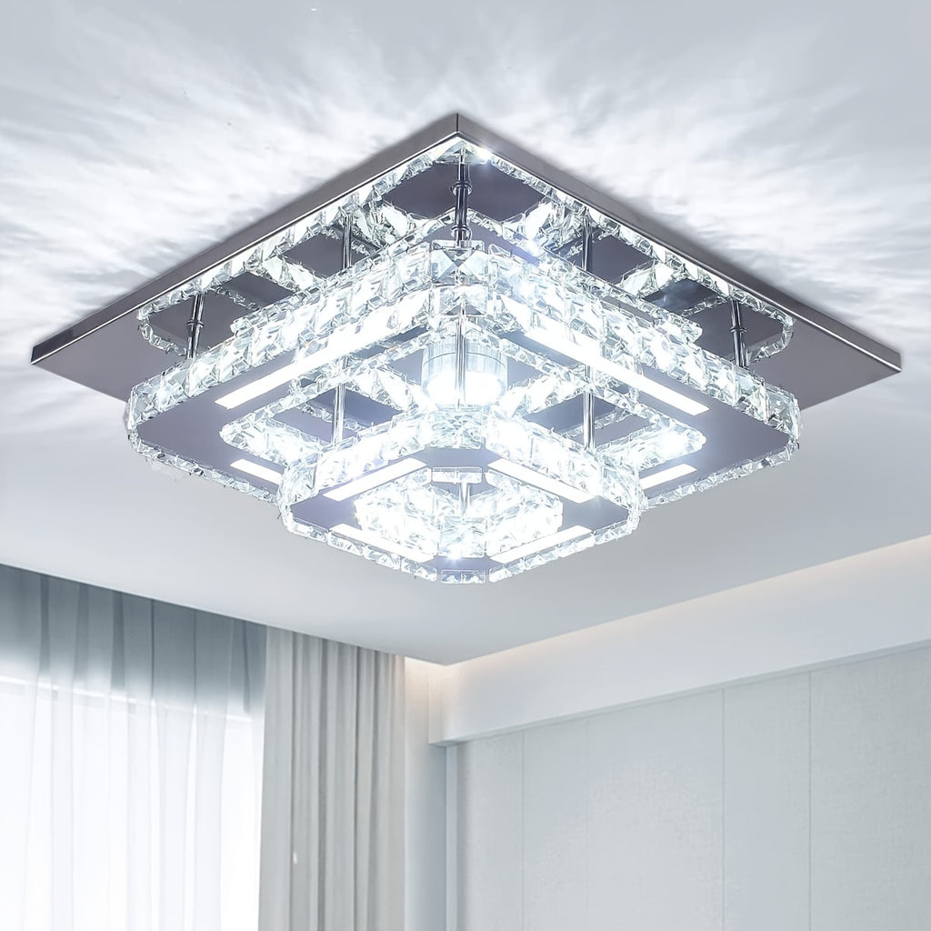 Modern Crystal Chandelier Dimmable Square Ceiling Light - Crystal & Polished Metal Semi-Flush Mount Fixture, Cool White Light Suitable for Bedroom, Living Room, Hallway, Bathroom (Bulb Not Included) - Luxury Crystal Ceiling Light