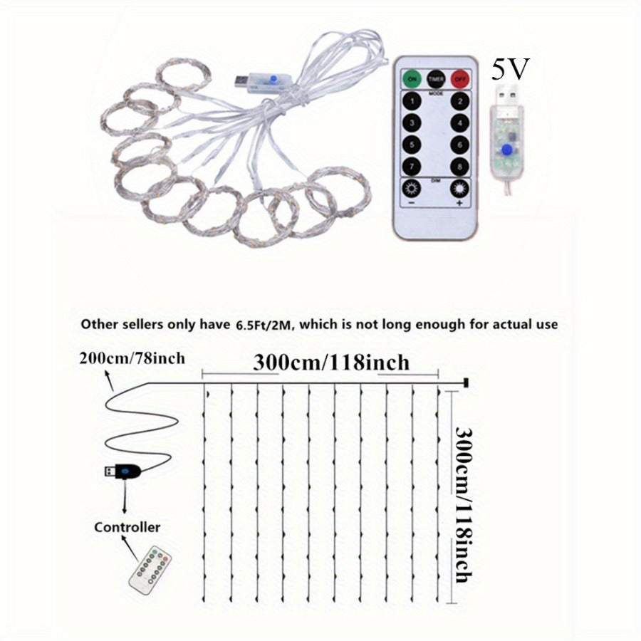 1件装 3米*3米/9.8英尺*9.8英尺 USB室内窗帘灯，带遥控器8种模式灯串，300颗LED灯串仙女灯帘，适用于圣诞灯、生日装饰、家居装饰、新年装饰、婚礼装饰（不含电池）