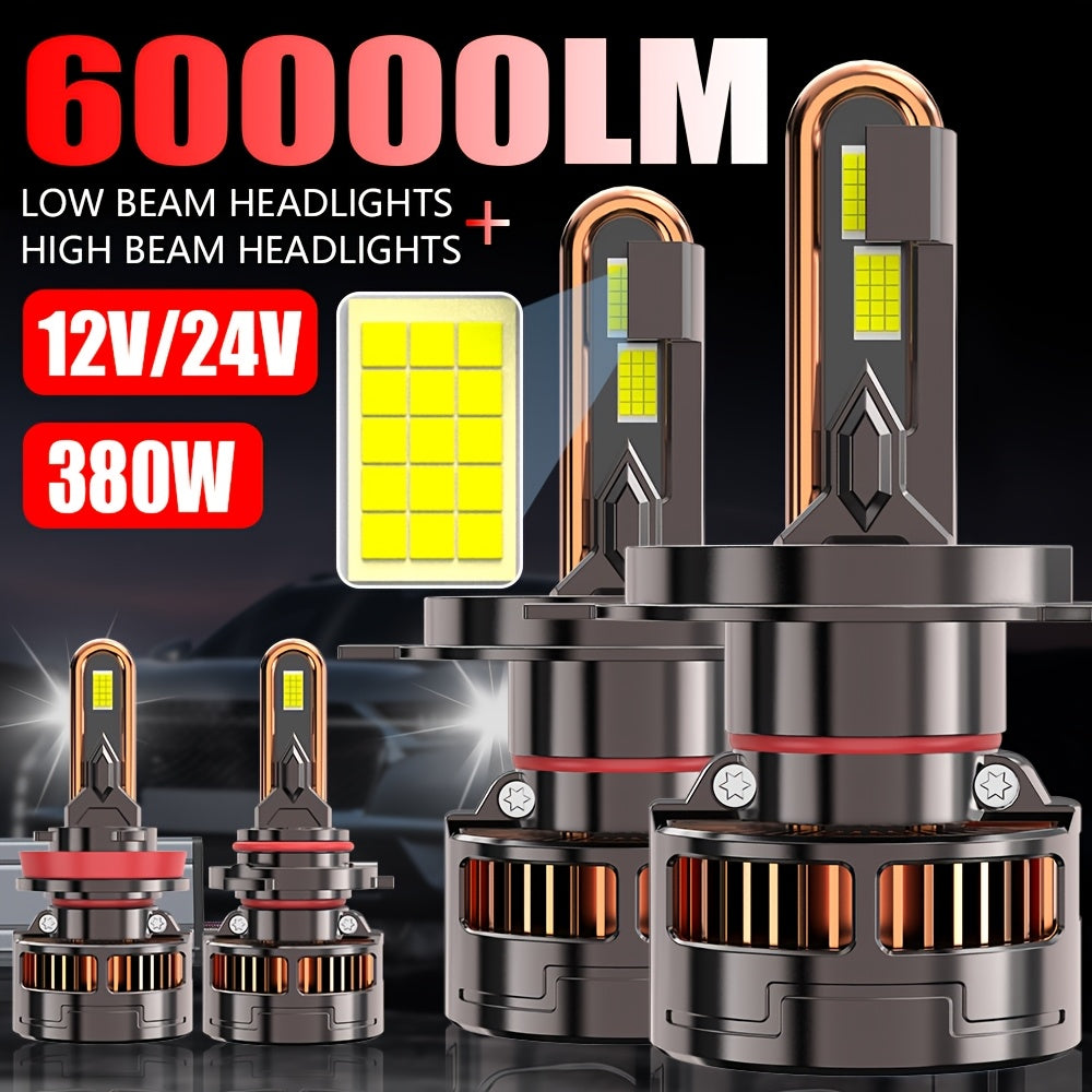 4-Pack, 2Pcs 9005 + 2Pcs H11, H4 Car LED Headlights, H7 LED Bulbs, 120,000 Lumens, Low/High Beam, H1, H4/9003/HB2, H7/H18, H8/H9/H11/H16, 9005/HB3, 9006/HB4, 9012/HIR2, 12V/24V, with External Driver, No Battery Needed