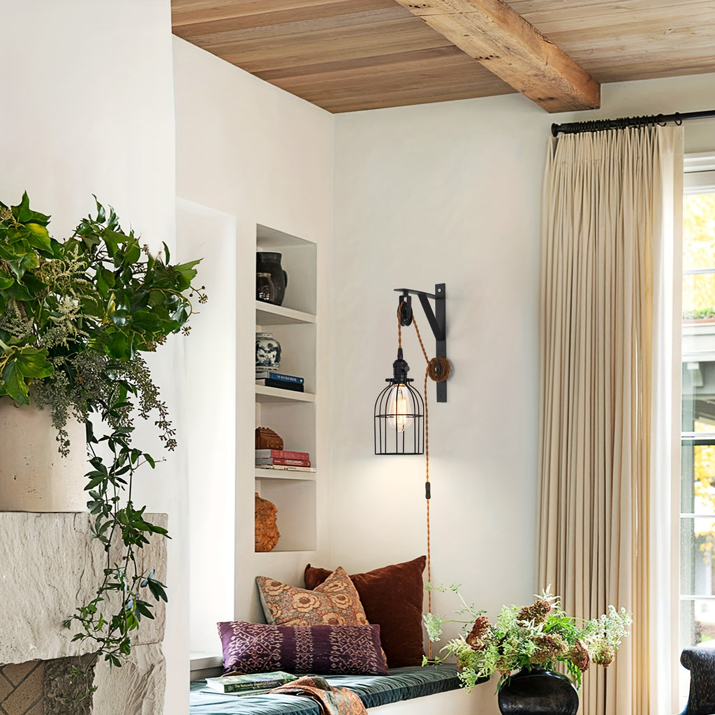 1/2-Piece Farmhouse Style Plug-In Pulley Pendant Light, with Brown Cord and Switch Wall Light