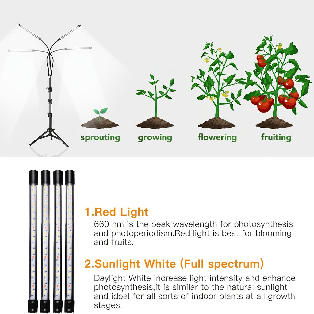 Tripod 4-Head White & Red LED Plant Grow Light, USB Powered, Freely Height Adjustable, Indoor Greenhouse Flower Plant Growth Lamp, 3/9/12 Hours Timer, Switchable Color Temperature