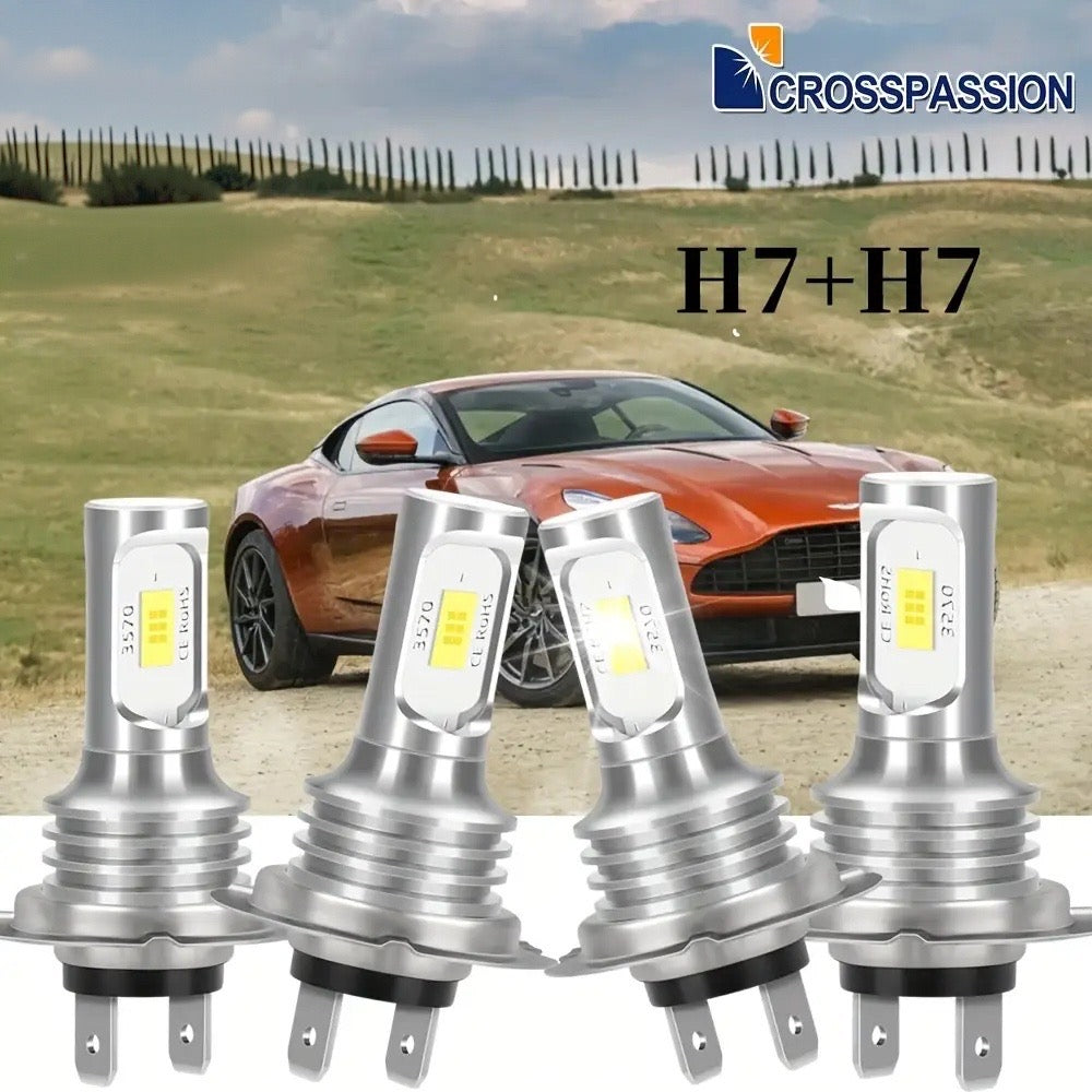 4PCS H7 LED 车头灯泡，远近光灯泡 采用 3570 芯片，60 瓦时输出 18000 流明，6000K 白光，专为汽车、卡车和摩托车设计，无需电池