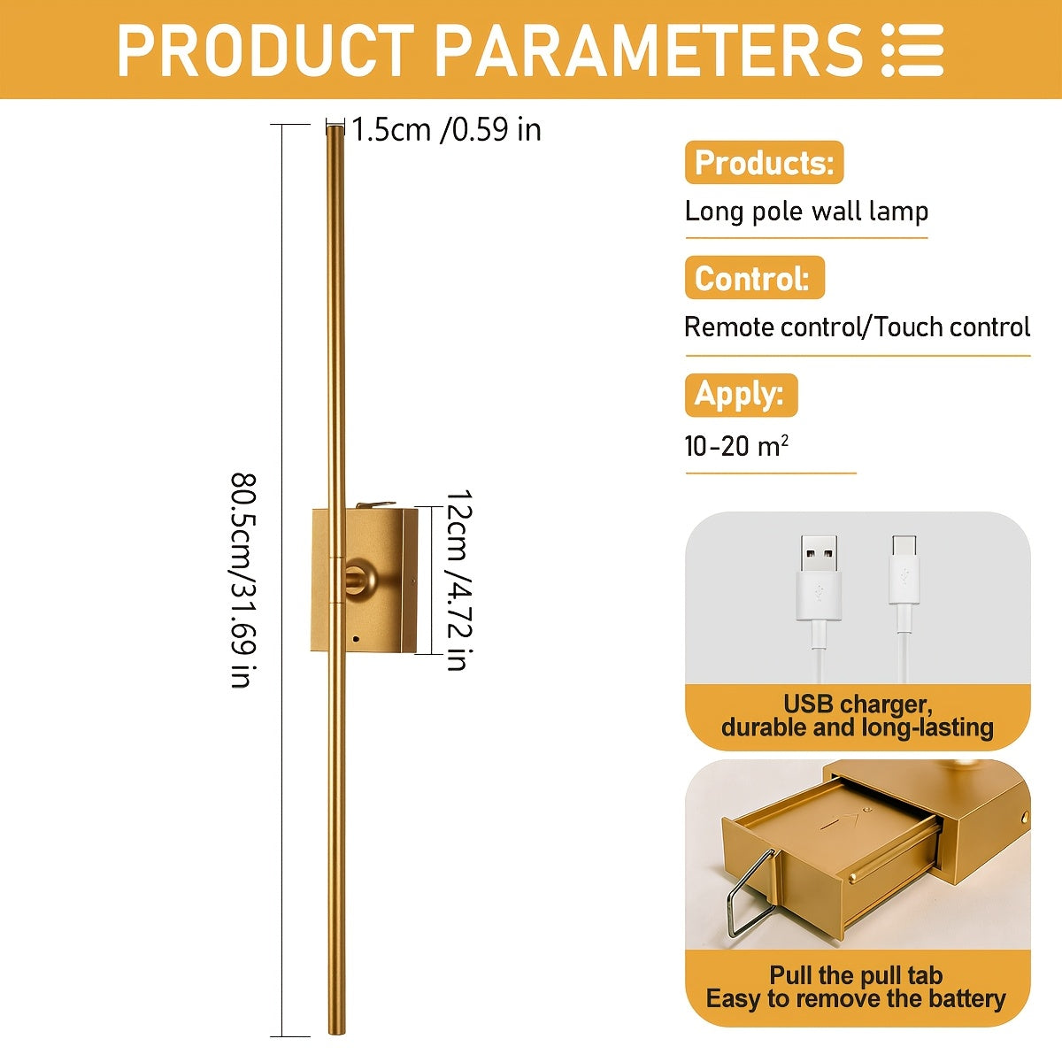 /2-Piece Modern Black Gold Cordless Wall Light with Remote Control and USB Charging, Rechargeable Lithium Battery Powered (No Plug-In Required), Stepless Dimming Sleep Mode and Memory Function, 3-Color Stepless Dimming