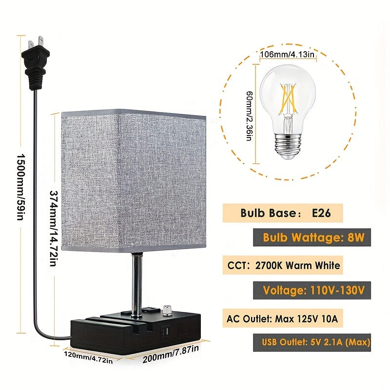 Dimmable table lamp bedroom dual USB port bedside lamp for nightstand counter lamp with charging station, 2 power outlets, fabric lampshade, LED bulb