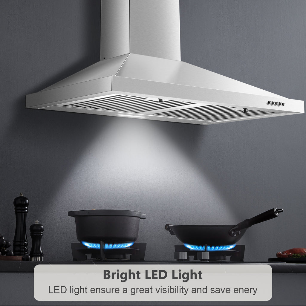 30-Inch Stainless Steel Kitchen Range Hood, 450 CFM, Wall-Mounted Design, with 2 Baffle Filters, 3-Speed Fan, Push-Button Control & LED Lighting/